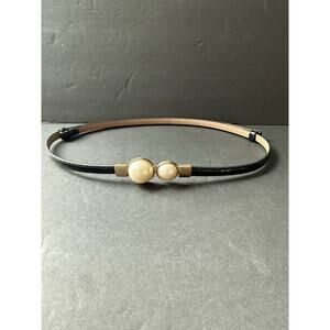 Faux Pearl Womens Leather Skinny Belt Black Patent Adjustable Cocktail 24”-36”